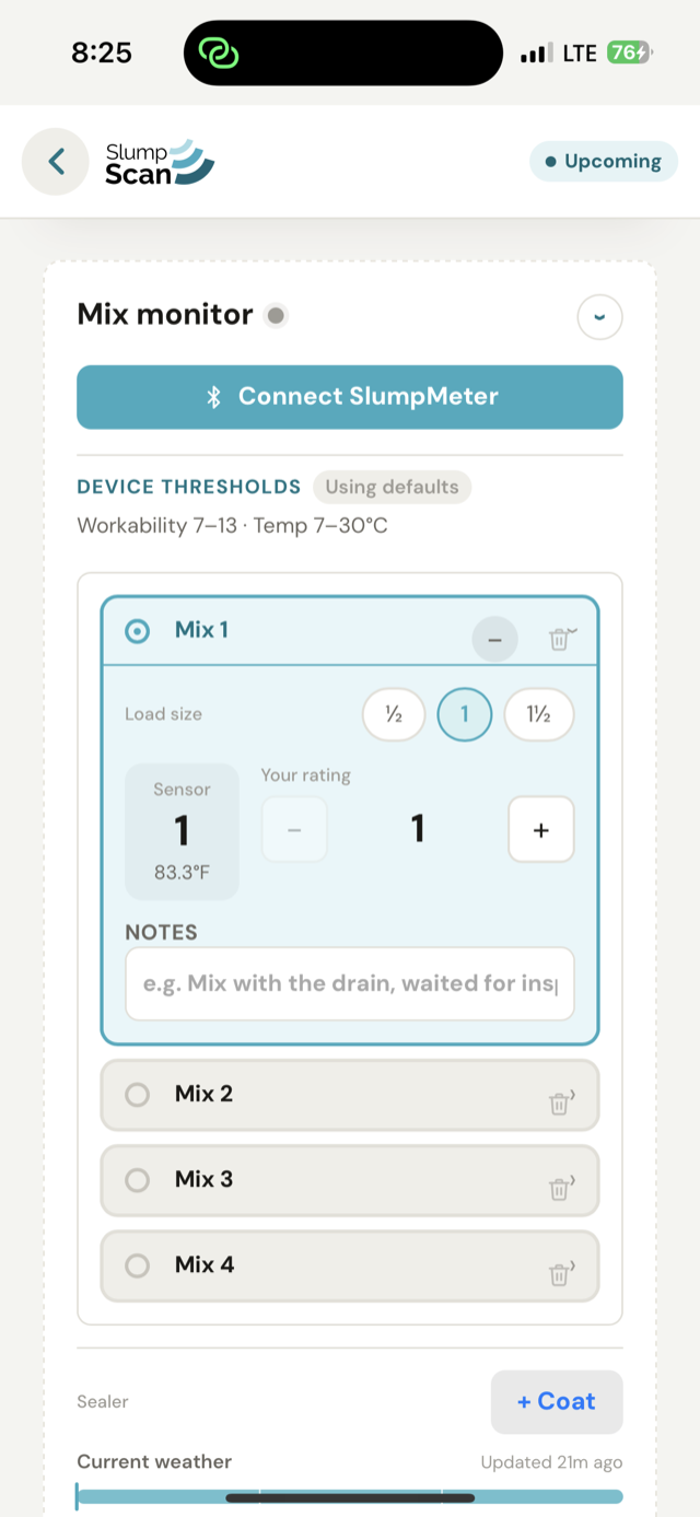 The Mix Monitor screen in the SlumpScan app, showing the Connect SlumpMeter button above the list of mixes for the job