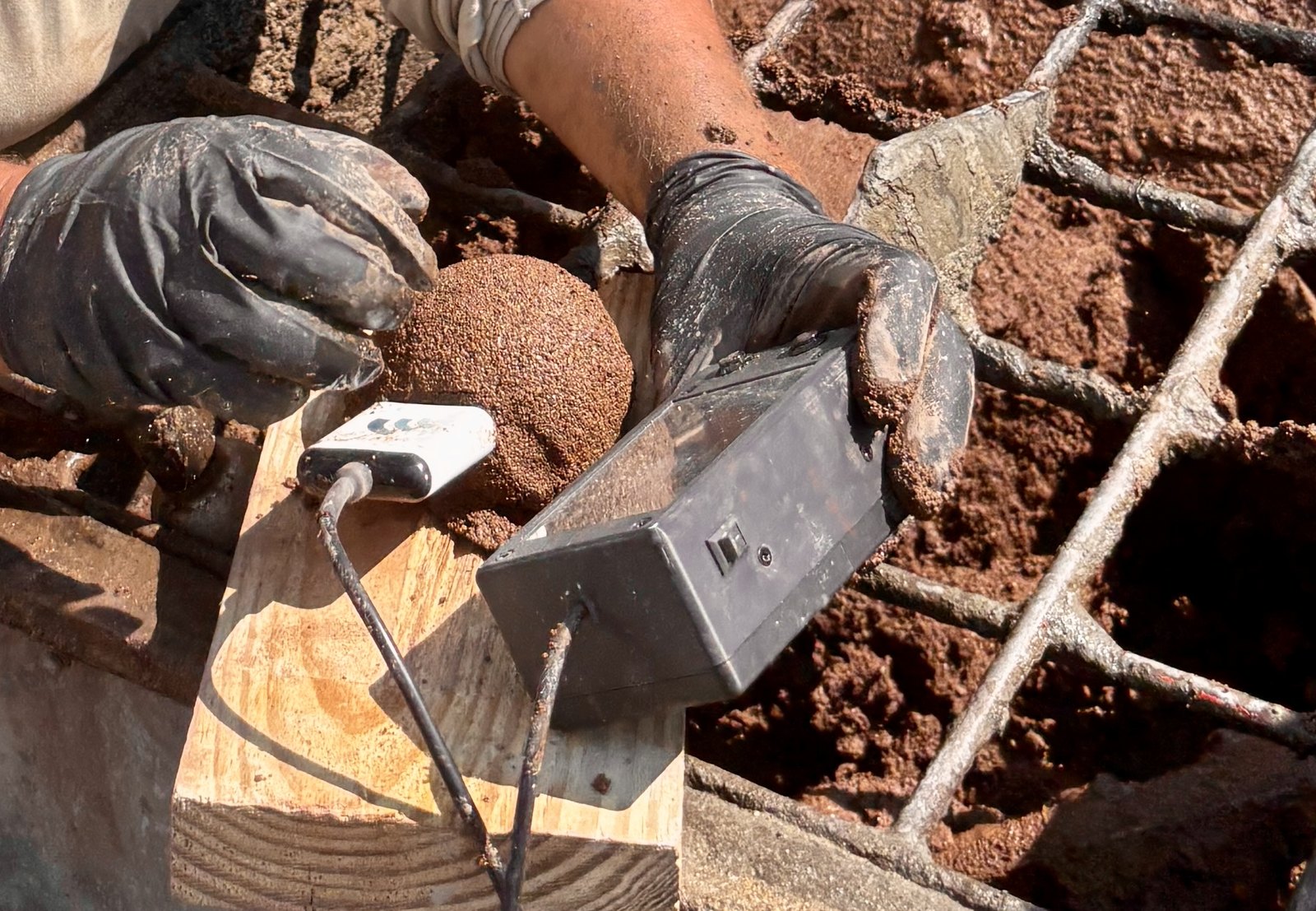 A gloved hand pushing the SlumpMeter probe down into a sample of fresh mix piled on a wooden board